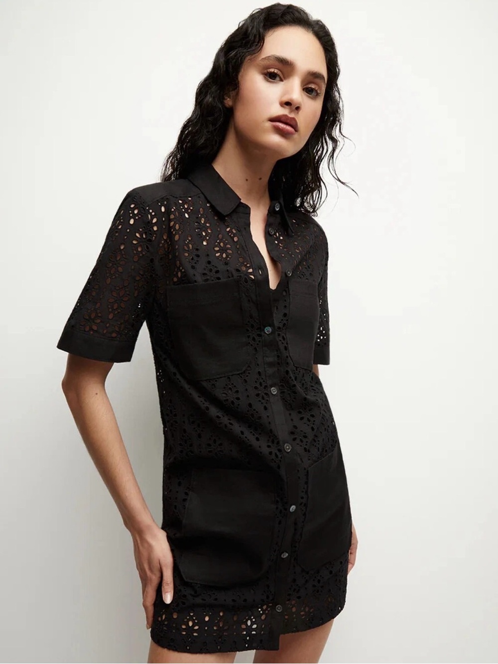 Veronica Beard Rafaela Cotton Eyelet Shirtdress Black Size 2 NO SLIP